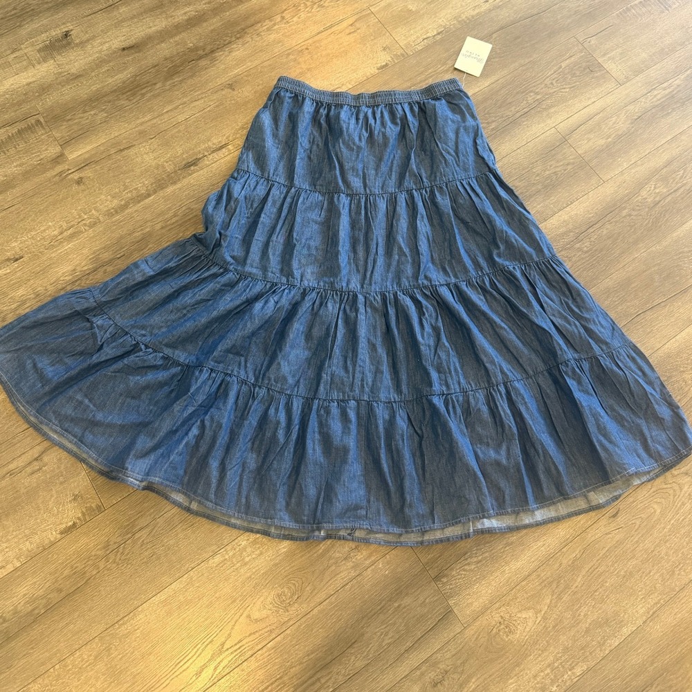 Wrangler Retro Blue Denim Chambray Tiered Maxi Skirt XL NWT Pockets Elastic